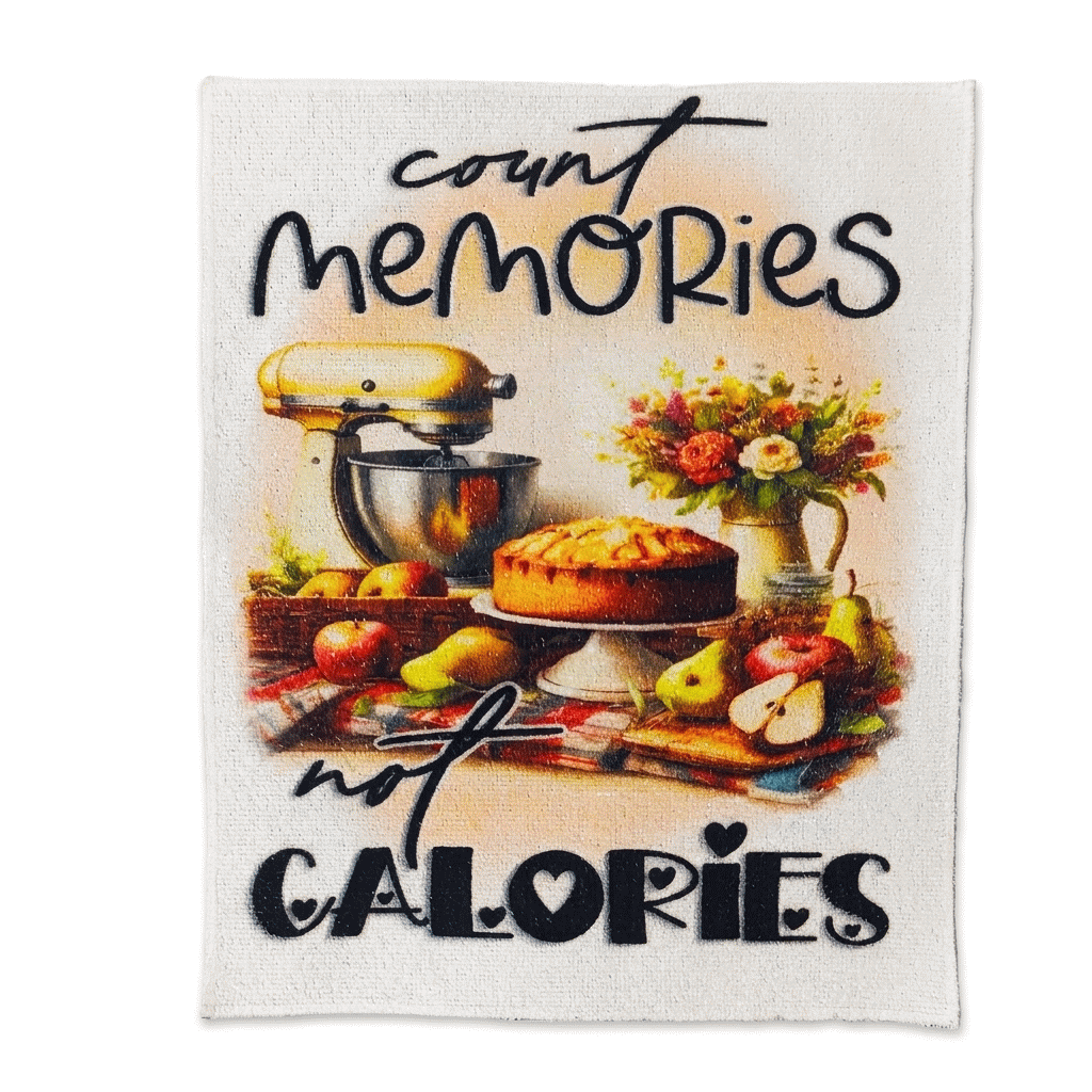 حوله آشپزخانه طرح کیک و همزن با متن count memories not calories